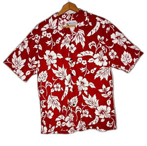 Vintage Alohawears Hawaiian Shirt Red Hibiscus Floral Large Made In USA